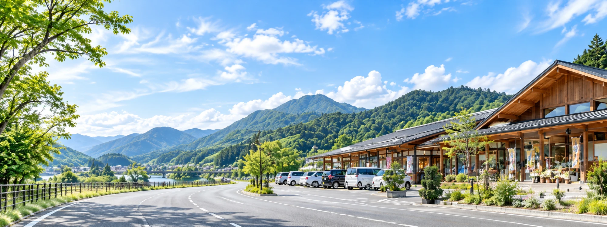 山あいの道路沿いにある道の駅の建物と駐車場(イメージ)