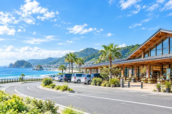 海とヤシの木のそばにある道の駅の建物(イメージ) 海とヤシの木のそばにある道の駅の建物(イメージ)
