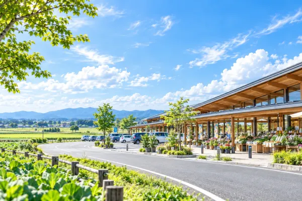 田園の中にある道の駅の建物と駐車場(イメージ) 田園の中にある道の駅の建物と駐車場(イメージ)