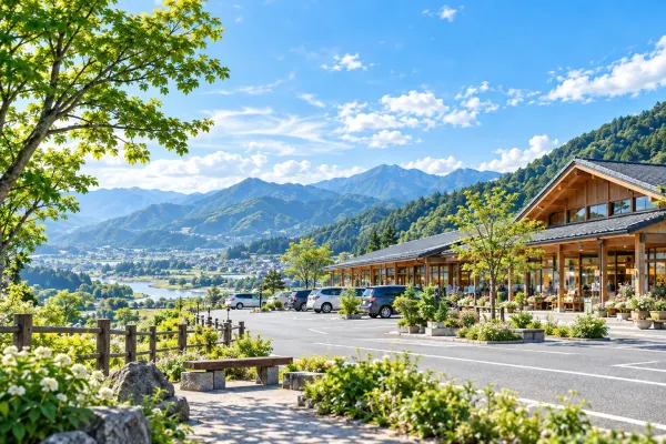 山と町を望む道の駅の建物(イメージ) 山と町を望む道の駅の建物(イメージ)