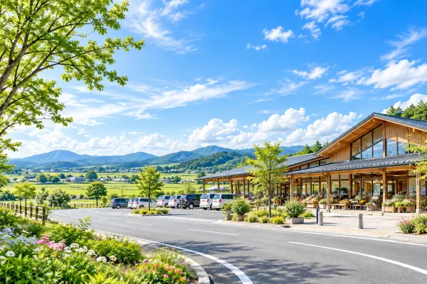 田園と山を望む道の駅の建物(イメージ) 田園と山を望む道の駅の建物(イメージ)