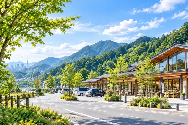 森の山に囲まれた道の駅の建物(イメージ) 森の山に囲まれた道の駅の建物(イメージ)